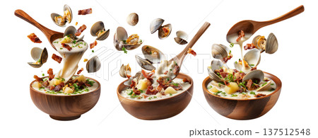 Clam chowder creamy soup with clams, bacon, potatoes, and herbs in wooden bowl, isolated on white transparent background 137512548