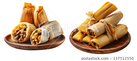 Assorted Mexican tamales with meat, rice, and corn filling wrapped in corn husks on wooden plate, isolated on white background Assorted Mexican tamales with meat, rice, and corn filling wrapped in corn husks on wooden plate, isolated on white background 137512550