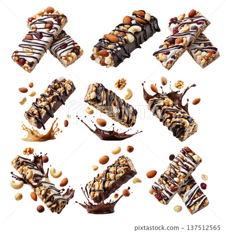 Chocolate coated nut protein energy fitness bar topped with almonds, cashews, walnuts, and chocolate drizzle on white 137512565