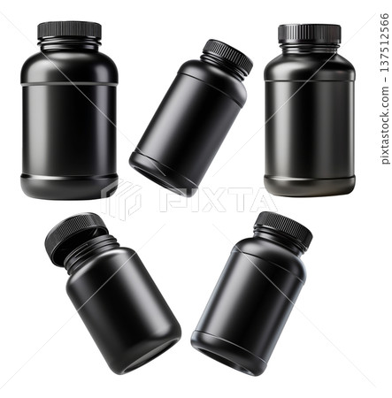 Black plastic pill or supplement container with screw cap on white background, concept of packaging and product branding 137512566