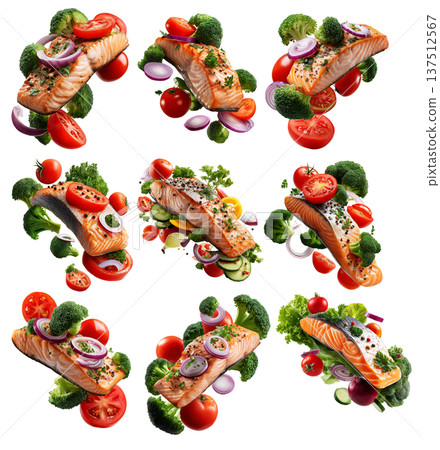 Grilled salmon fillet with tomato, broccoli, and onion, isolated on white background, concept of healthy food Grilled salmon fillet with tomato, broccoli, and onion, isolated on white background, concept of healthy food 137512567