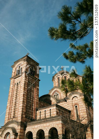 Saint Mark Church with striped brick facade and bell tower rising against a clear blue sky framed by pine branches in Belgrade 137512609