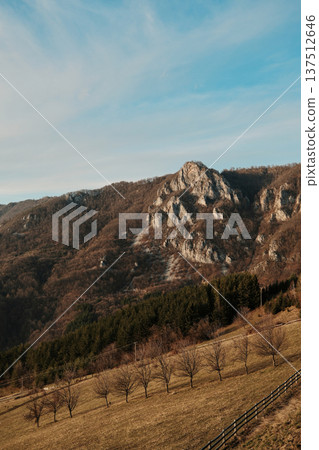Rocky mountain ridge rises above forest and rural fields in Serbia under clear blue sky. Concept of nature strength, countryside calm, and outdoor travel inspiration 137512646