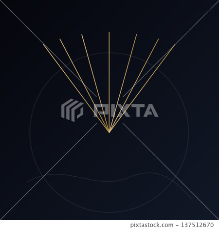 Dark-themed abstract image with golden radiating lines emerging from a central point, enclosed within a large transparent circle and faint flowing curves. 137512670
