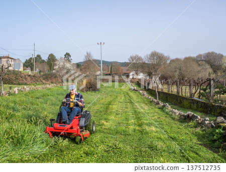 Lawn mower in the garden Lawn mower in the garden 137512735