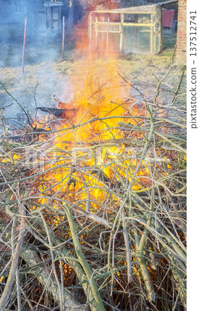 Bonfire made of wood and branches in the garden. Bonfire made of wood and branches in the garden. 137512741