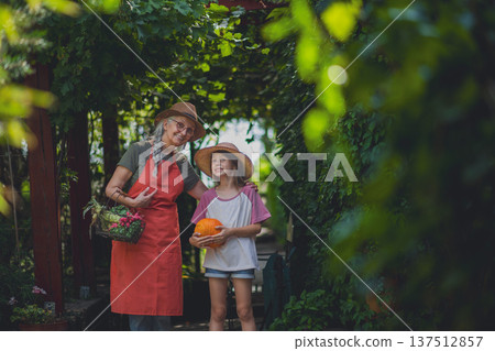 Senior female farmer with her granddaughter carrying basket with homegrown vegetables. 137512857