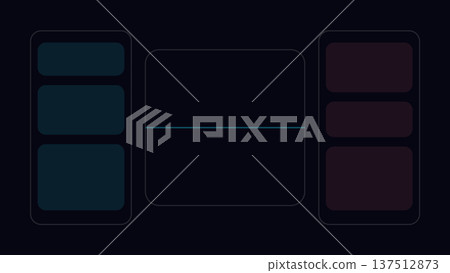 Three-column dark layout with left and right sidebars of stacked cards flanking a central panel split by a horizontal line, suggesting web interface design. Three-column dark layout with left and right sidebars of stacked cards flanking a central panel split by a horizontal line, suggesting web interface design. 137512873