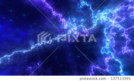 Abstract glowing cosmic lightning streaks across a deep blue space background 137513391