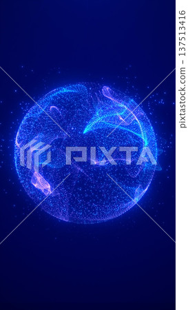 Abstract digital blue sphere formed by glowing particles against a dark blue background 137513416