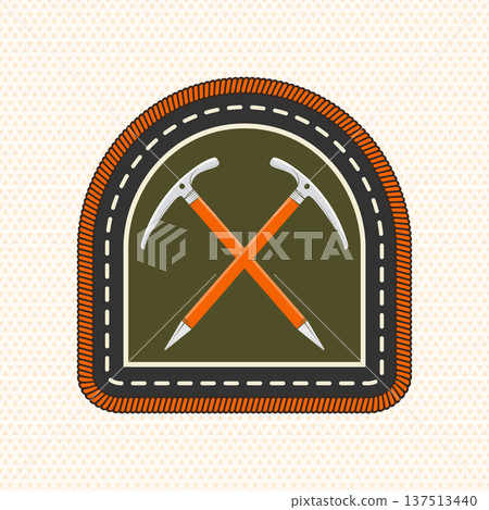 Scout badge with with crossed Mountain climbing ice tools . Vector. Merit patch, sticker for camping outdoor and academic activities Scout badge with with crossed Mountain climbing ice tools . Vector. Merit patch, sticker for camping outdoor and academic activities 137513440