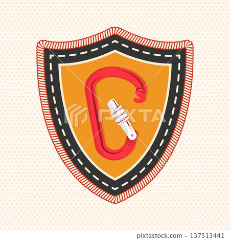 Scout badge with Red climbing carabiner for Camping. Vector. Merit patch, sticker for camping outdoor and academic activities Scout badge with Red climbing carabiner for Camping. Vector. Merit patch, sticker for camping outdoor and academic activities 137513441