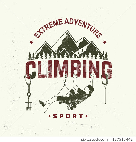 Climbing Club badge, logo Patch. Vector. Concept for shirt or logo, print, stamp or tee. Vintage typography design with climber, carabiners, climbing cams, hexes and mountain silhouette. Extreme Climbing Club badge, logo Patch. Vector. Concept for shirt or logo, print, stamp or tee. Vintage typography design with climber, carabiners, climbing cams, hexes and mountain silhouette. Extreme 137513442