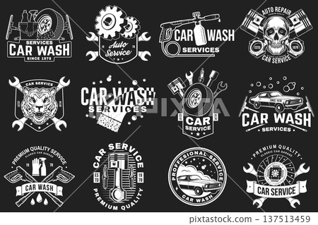Auto service logo, emblems, badges and icons. Vector. For expert service car car wash, repair center, restoration and car club with wrench, gears, spark plug, skull, automobile tools pistons Auto service logo, emblems, badges and icons. Vector. For expert service car car wash, repair center, restoration and car club with wrench, gears, spark plug, skull, automobile tools pistons 137513459