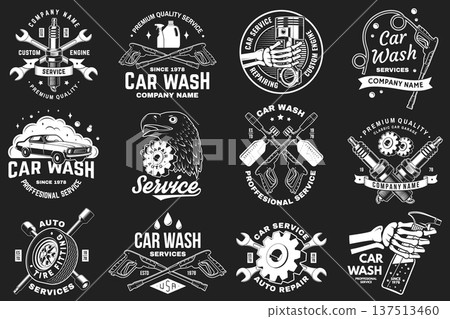 Auto service logo, emblems, badges and icons. Vector. For expert service car car wash, repair center, restoration and car club with wrench, gears, spark plug, skull, automobile tools pistons Auto service logo, emblems, badges and icons. Vector. For expert service car car wash, repair center, restoration and car club with wrench, gears, spark plug, skull, automobile tools pistons 137513460