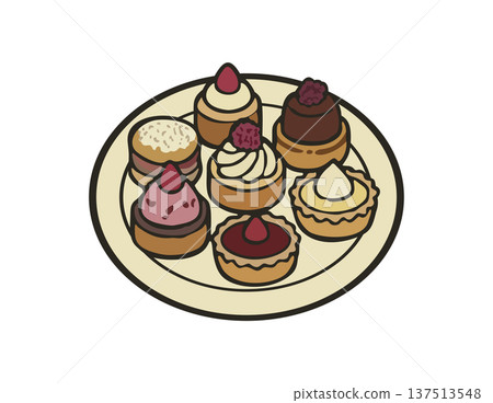 Assorted mini desserts on plate. Vector isolated illustration Assorted mini desserts on plate. Vector isolated illustration 137513548