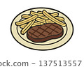 Steak and fries on plate. Vector isolated illustration 137513557