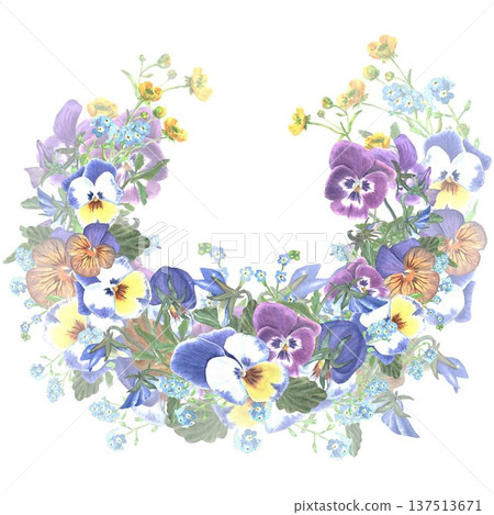 Beautiful wreath with blue, burgundy, orange pansies and wildflowers hand drawn with watercolor on isolated background, clip art spring botanical illustration with place for text for design. Beautiful wreath with blue, burgundy, orange pansies and wildflowers hand drawn with watercolor on isolated background, clip art spring botanical illustration with place for text for design. 137513671