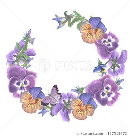 Beautiful wreath with burgundy, orange pansies and butterflies hand drawn in watercolor on isolated background, spring botanical illustration clip art with space for text for design and decoration. Beautiful wreath with burgundy, orange pansies and butterflies hand drawn in watercolor on isolated background, spring botanical illustration clip art with space for text for design and decoration. 137513672