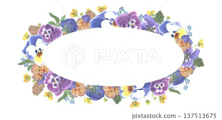 Ovoid horizontal frame with blue, burgundy, orange pansies and butterflies hand painted in watercolor on isolated background, clip art spring botanical illustration with space for text for design Ovoid horizontal frame with blue, burgundy, orange pansies and butterflies hand painted in watercolor on isolated background, clip art spring botanical illustration with space for text for design 137513675
