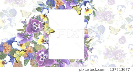 Beautiful rectangular horizontal frame with blue, maroon, orange pansies and butterfly hand painted in watercolor on isolated background, simple clip art spring botanical illustration for design. Beautiful rectangular horizontal frame with blue, maroon, orange pansies and butterfly hand painted in watercolor on isolated background, simple clip art spring botanical illustration for design. 137513677