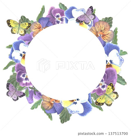 Round frame with blue, burgundy, orange pansies and butterflies hand painted in watercolor on isolated background, clip art spring botanical illustration for design cards, invitations, decoration Round frame with blue, burgundy, orange pansies and butterflies hand painted in watercolor on isolated background, clip art spring botanical illustration for design cards, invitations, decoration 137513700