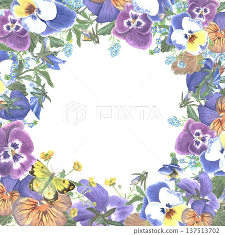 Round frame with blue, burgundy, orange pansies and butterflies hand painted in watercolor on isolated background, clip art spring botanical illustration with space for text for design Round frame with blue, burgundy, orange pansies and butterflies hand painted in watercolor on isolated background, clip art spring botanical illustration with space for text for design 137513702