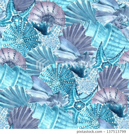 A seamless pattern with blue, dark blue, and gray shells, starfish, and sea urchins. Hand-drawn watercolor illustration on a watercolor background. Simple marine life clip art for design. 137513799