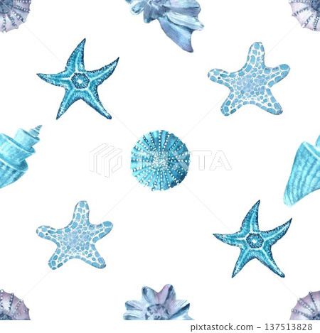 A seamless pattern with blue, pearlescent, and gray sea-stars, seashells, and bubbles. Hand-drawn in watercolor on an isolated background. Simple seabed biology clip art for designing various objects. A seamless pattern with blue, pearlescent, and gray sea-stars, seashells, and bubbles. Hand-drawn in watercolor on an isolated background. Simple seabed biology clip art for designing various objects. 137513828