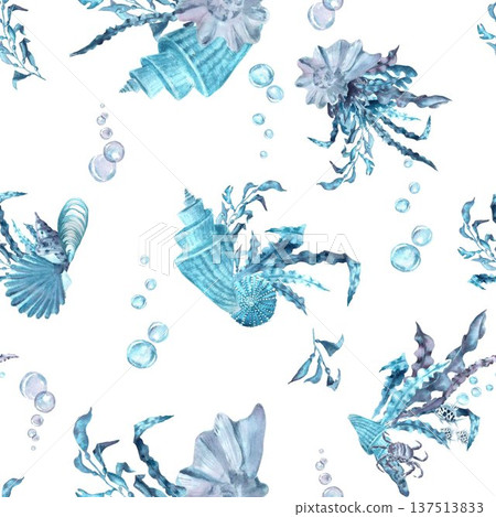 A seamless pattern with gray and blue shells, leafy seaweed, and bubbles. Hand-drawn watercolor illustration on an isolated background. Sea creature clip art for textile and interior design A seamless pattern with gray and blue shells, leafy seaweed, and bubbles. Hand-drawn watercolor illustration on an isolated background. Sea creature clip art for textile and interior design 137513833