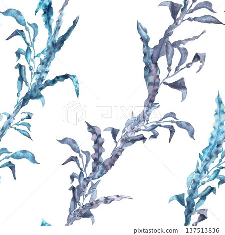 A seamless pattern with gray and blue seaweed and vertical leaves. Hand-drawn watercolor illustration on an isolated background. Sea creature clipart for textile and interior design. 137513836