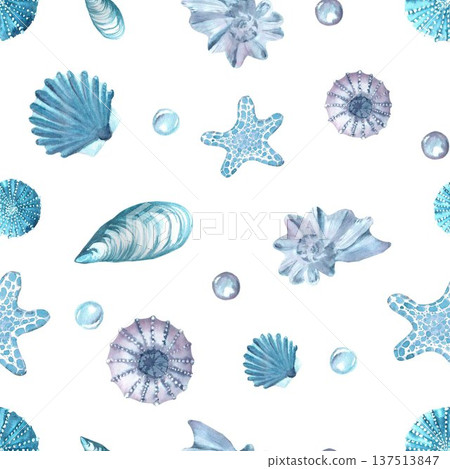 A seamless pattern with blue, pearlescent, and gray sea-stars, seashells, and bubbles. Hand-drawn in watercolor on an isolated background. Simple seabed biology clip art for designing various objects 137513847