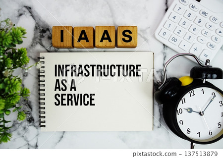 IaaS stands for Infrastructure as a Service text with calculator and alarm clock on marble background 137513879