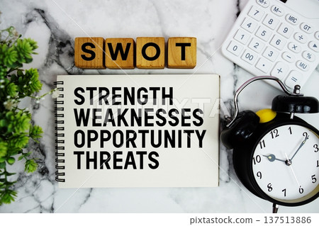 SWOT Strength Weaknesses Opportunity Threats text with calculator and alarm clock on marble background 137513886