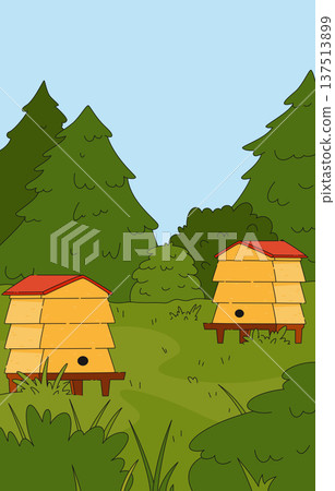 Beautiful summer landscape with green meadow, wooden beehives in cartoon style Beautiful summer landscape with green meadow, wooden beehives in cartoon style 137513899