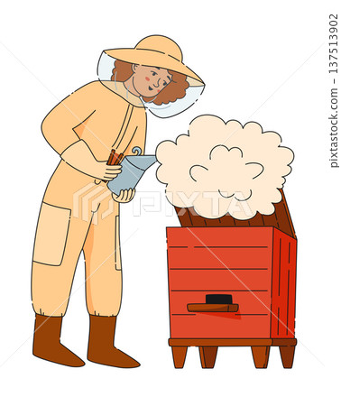 Woman beekeeper in protective suit holding fumigating bee hive with smoke Woman beekeeper in protective suit holding fumigating bee hive with smoke 137513902