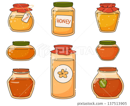 Set of jars with different honey of natural sweets. Beekeeping. Vector cartoon illustration Set of jars with different honey of natural sweets. Beekeeping. Vector cartoon illustration 137513905