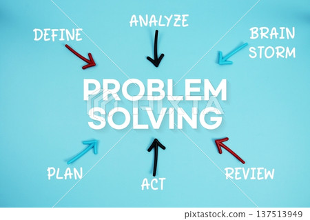 word "PROBLEM SOLVING" on cards with colorful arrows pointing toward it on blue background word "PROBLEM SOLVING" on cards with colorful arrows pointing toward it on blue background 137513949