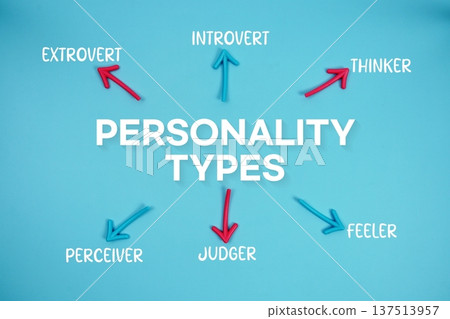 word "PERSONALITY TYPES" on cards with colorful arrows pointing toward it on blue background word "PERSONALITY TYPES" on cards with colorful arrows pointing toward it on blue background 137513957