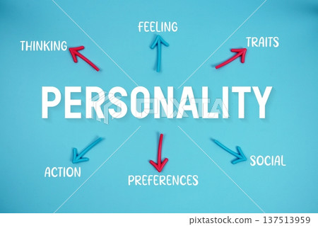 word "PERSONALITY" on cards with colorful arrows pointing toward it on blue background 137513959