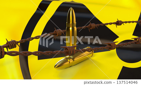 Nuclear Threat Concept With Bullets And Radioactive Warning Sign 3d render. 137514046