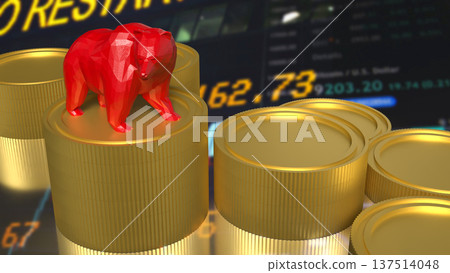 Red Bear On Gold Coins Stock Market Downtrend Concept 3d render. Red Bear On Gold Coins Stock Market Downtrend Concept 3d render. 137514048