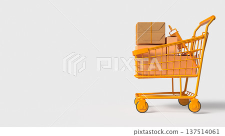 Yellow Shopping Cart Filled With Packages Online Shopping Delivery Concept 3d render. 137514061