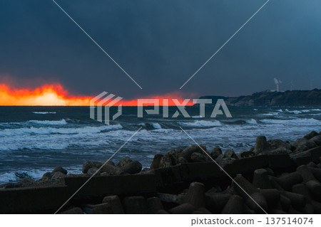 Byobugaura in a sunset that makes the sea look like it's on fire 137514074