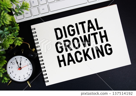 Digital Growth Hacking text written on notepad with keyboard and alarm clock on black background Digital Growth Hacking text written on notepad with keyboard and alarm clock on black background 137514192