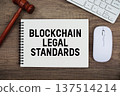 Blockchain Legal Standards text written with gavel, keyboard and optical mouse on wooden background 137514214