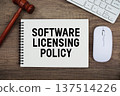 Software Licensing Policy text written with gavel, keyboard and optical mouse on wooden background 137514226