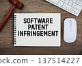 Software Patent Infringement text written with gavel, keyboard and optical mouse on wooden background 137514227