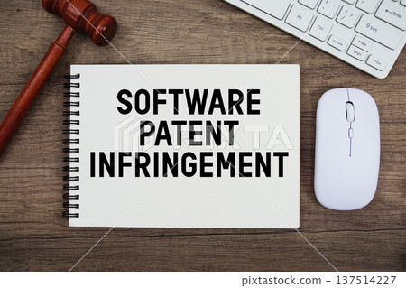 Software Patent Infringement text written with gavel, keyboard and optical mouse on wooden background 137514227