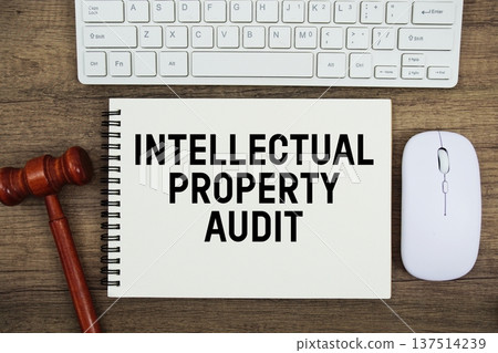 Intellectual Property Audit text written with gavel, keyboard and optical mouse on wooden background 137514239